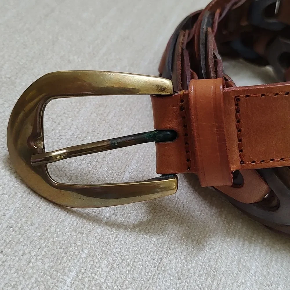 Genuine Leather Multi Color Woven Link Belt Brass Buckle